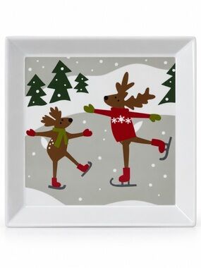 Crate & Barrel Joan Anderson Reindeer Ice Skating Christmas Platter 12” NWT